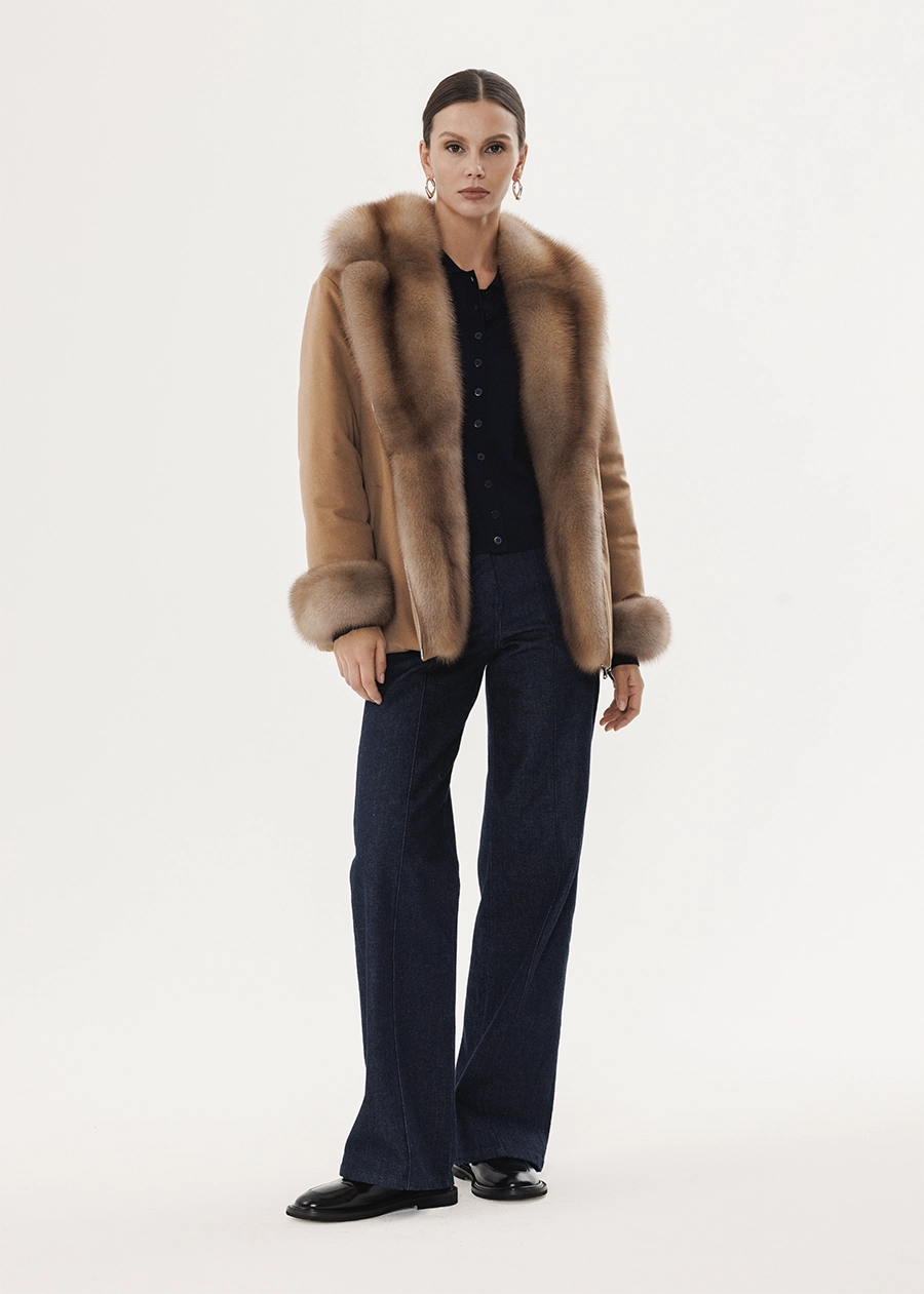 Куртка из кашемира с цельным английским воротником из меха куницы
